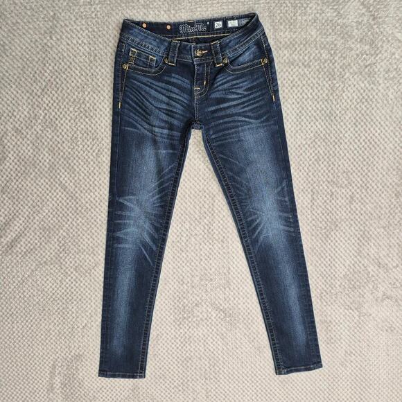 Miss Me Jeans Womens 26 Blue Dark Wash DenimMid Rise Skinny Whiskering Pockets - Picture 1 of 9